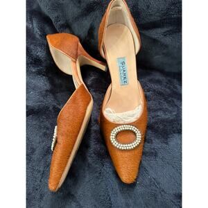 SUAREZ NY CINNAMON CALFHAIR D'ORSAY PUMPS W/ PEARL ORNAMENT MADE IN ITALY 7